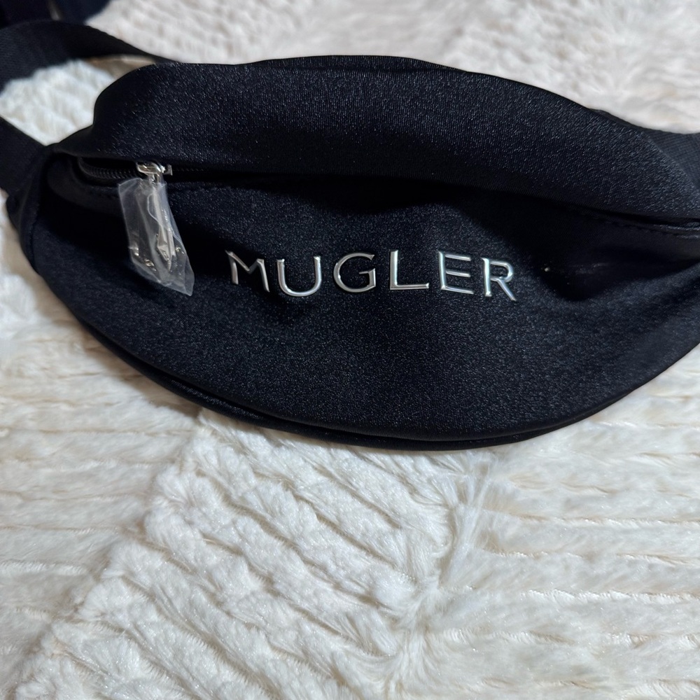 Mugler Black Satin Logo Belt Bag with Silver Hardware NWOT but never used